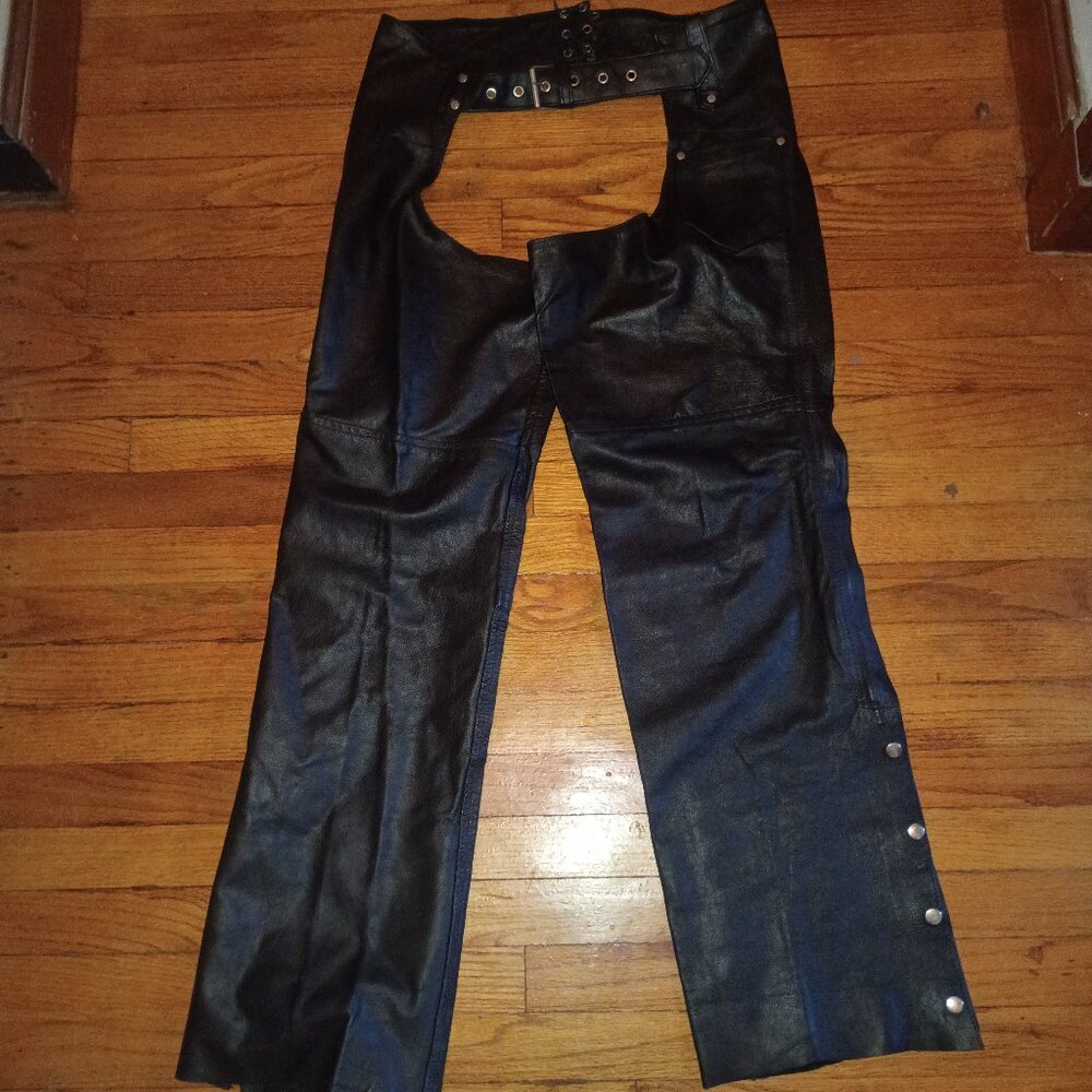 THE LEATHER WORKS Black Leather Chaps Size Men's XL Snap/Zip/Buckle/Laces